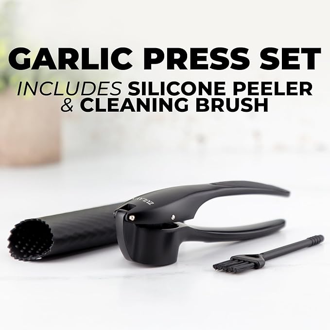 Zulay Kitchen Large Premium Garlic Press Set – Rust Proof & Dishwasher Safe, Bigger Bowl Garlic Mincer Tool with Silicone Garlic Peeler & Brush, Easy Squeeze & Clean, Ergonomic Handle - Black
