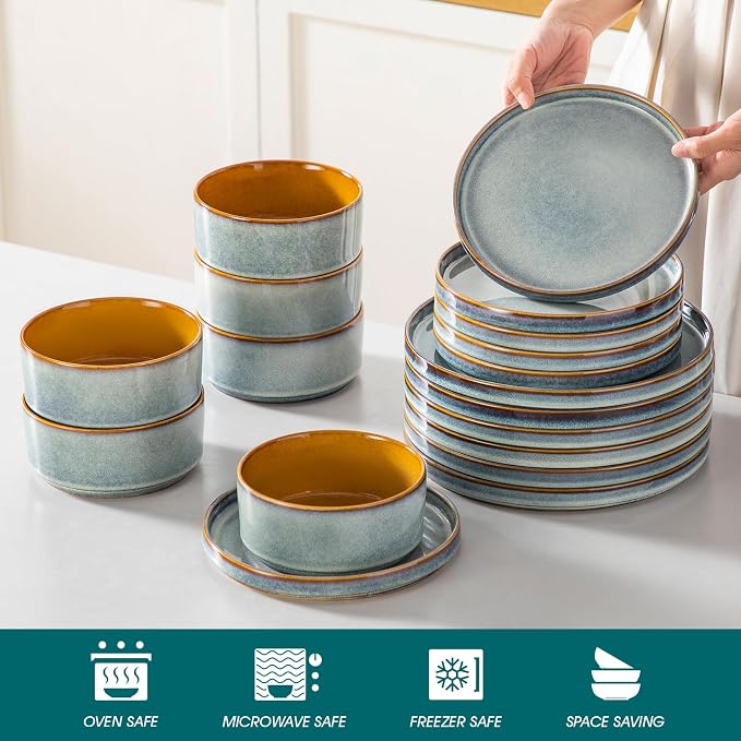 vancasso ONION Ceramic Plates and Bowls Sets, 18 Pieces Light Blue Dinnerware