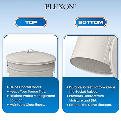 Plexon Round Trash Can 13 Gallon, Vintage Metal Outdoor Trash Can with Lid, Retro Farmhouse Garbage Container, Old School Modern Ash Bucket, Beige 3 Pack