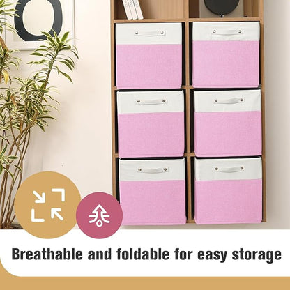 13 x 13 Inch Fine Linen Storage Bins with Handles，Fabric Cube Boxs，Collapsible Basket Organizers for Shelves for Home, Closet Drawers (White/Pink-4 Pack)