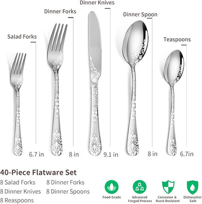 40 Piece Silverware Set, Stainless Steel Flatware Cutlery Set Service