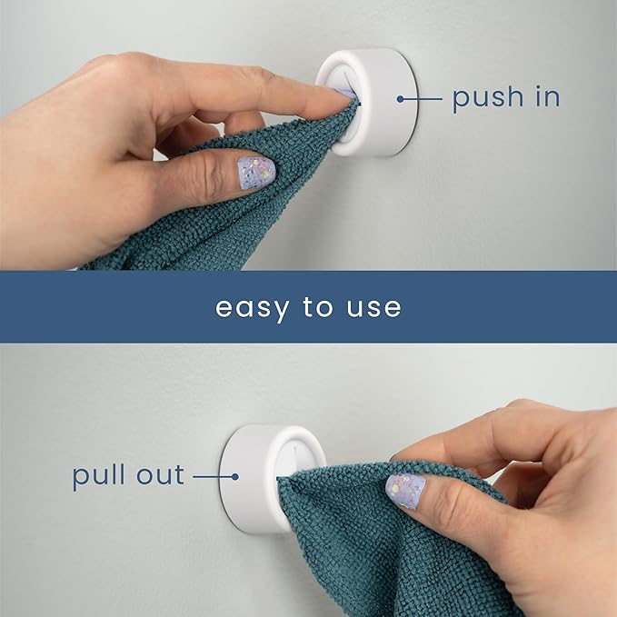 S&T INC. Round Adhesive Push Towel Hooks for Kitchen, Hand and Dish Towels, Matte White, 4 Pack