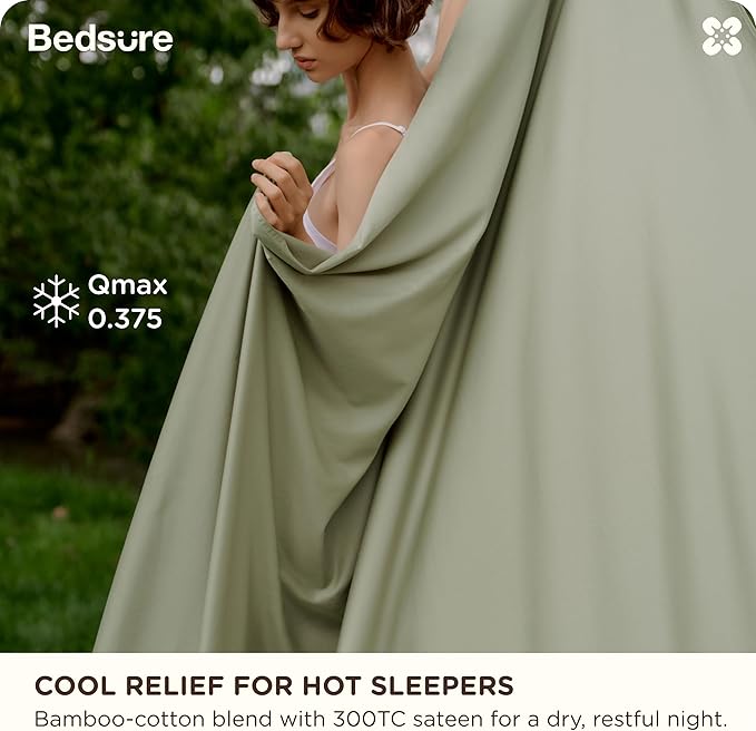Bedsure Cooling Sheets, Rayon Derived from Bamboo & Cotton Blend, GentleSoft, Breathable, Queen Sheet Set, Deep Pocket Up to 18 Inches, Hotel Luxury Bedding for Hot Sleepers, Tea Green