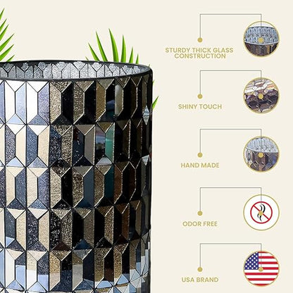 Escenzy Modern Bathroom Trash Can Mosaic Glass 6L | Decorative Small Garbage Can | 8" x 10" | Luxury Waste Basket for Restroom, Office, Bedroom & Kitchen | Shiny Black and Gold Bathroom Accessories