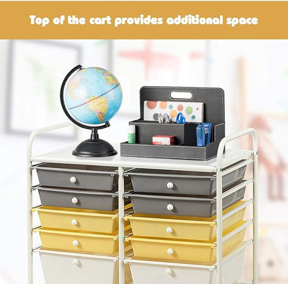 GOFLAME 12-Drawer Rolling Storage Cart, Multipurpose Organizer Cart with 2 Sizes Plastic Drawers, Mobile Utility Cart with Lockable Casters for School, Home Office, Beauty Salon, Yellow