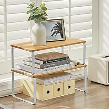 Cabinet Organizer Shelf, Kitchen Counter Storage, 2-Piece Set, Stackable Spice Rack, Metal and Wood (White and Natural Beige)