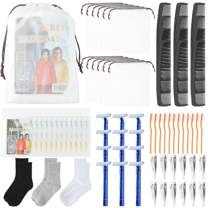 84 Pcs Homeless Care Package Supplies Bulk Hygiene Kits with Nail Clipper, Prepasted Disposable Toothbrushes, Razors, Ponchos, Combs, Socks & Drawstring Bags — Ideal Charity or Personal Travel Package