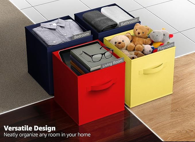 Sorbus Storage Cubes - 11" Foldable Storage Bins with Handle for Nursery, Playroom, Closet Organizers and Storage - 6 Fabric Shelf Basket for Toys, Books, Clothes - Yellow Navy & Red Storage Bins