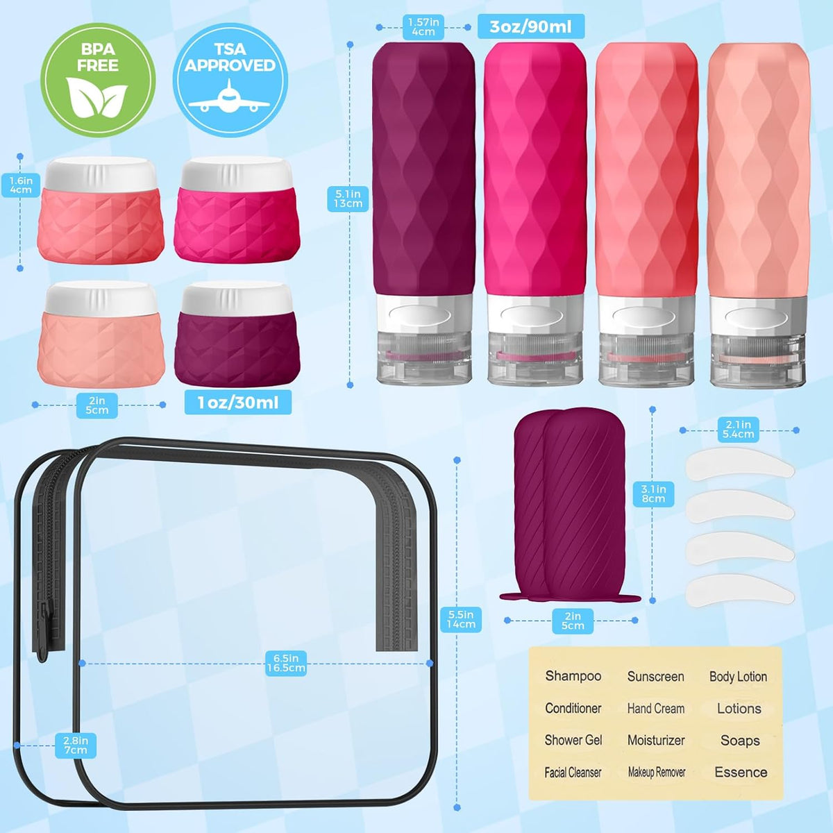 16Pack Travel Bottles for Toiletries, TSA Approved Travel Size Toiletries Containers Set, Silicone Leak Proof Refillable Bottles Elastic Sleeves Creams Jars Accessories Kit W/Clear Bag (Purplish Red)
