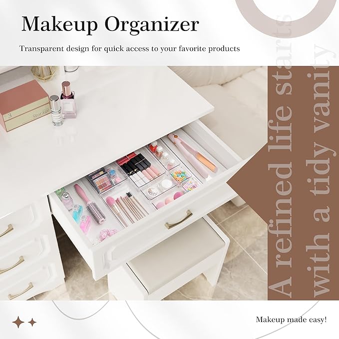 Criusia Clear Drawer Organizer 7 PCS - 5 Size Plastic Versatile Kitchen and Bathroom Organizer Trays, Non-Slip Storage Bins for Makeup, Utensils, Tool and Office Desk