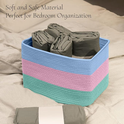Hopegiver Woven Storage Baskets 15x11x10 Inch, 3 Pack Collapsible Cube Storage Bin for Shelves - Foldable Cotton Rope Organizer Bins for Towels, Toys, Books, Closet, Nursery (Blue Pink Green)