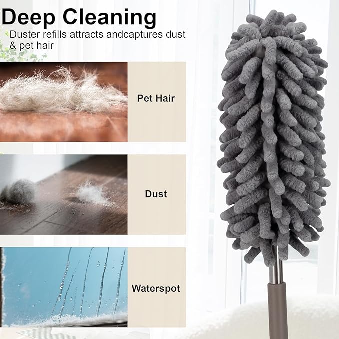Microfiber Feather Duster for Cleaning,Sheneyron Washable Dusters,with 2pcs Replaceable Microfiber Head,Detachable Cleaning Supplies for Car,Ceiling Fan,Window,Furniture,Office