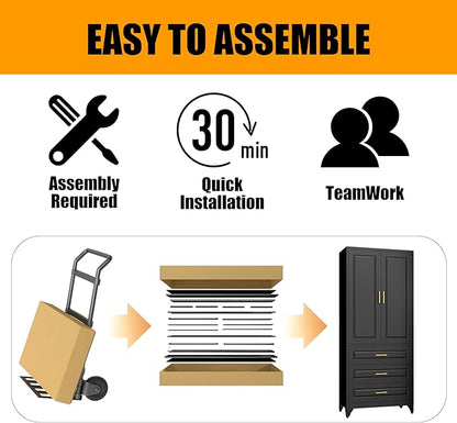 75" Tall Metal Storage Cabinet, Kitchen Pantry Storage Cabinets with Doors and Shelves, Black Pantry Cabinet with 3 Drawer, Utility Kitchen Cupboard, Large Steel Cabinets for Dining Room