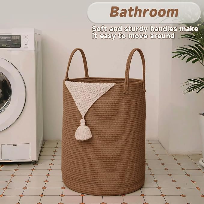 Large Woven Laundry Basket Hamper,60L Cotton Rope Storage Bin for Blankets,Toys and Clothes,Decorative Tall Nursery Hamper for Living Room,Baby Nursery,Bathroom and Bedroom,Golden Jute