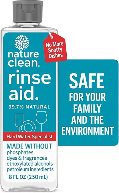 All Natural Dishwasher Rinse Aid Cleaner, Liquid Dishwasher Rinse Agent for Spot-Free Glass & Cutlery in Hard Water, Non Toxic Dish Washer Rinse Aid & Stain Remover, 8 oz/250ml, Pack of 12