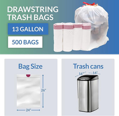 Reli. Tall Kitchen Drawstring Trash Bags 13 Gallon | 500 Count Bulk | Kitchen Garbage Bags | White | 13 Gallon - 16 Gal Capacity