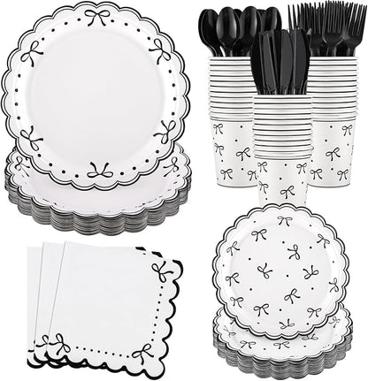 Natnarr 25 Set Black Bow Birthday Decorations Cute Bow Plates Napkins Set | 9"