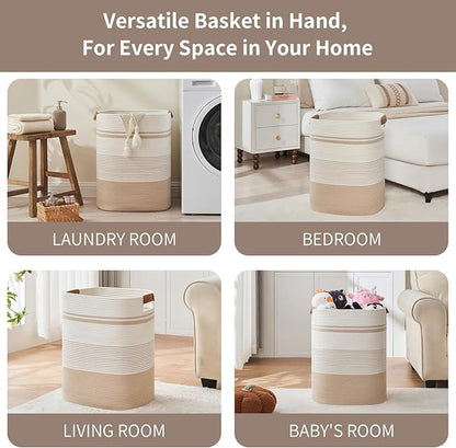 Laundry Basket with Handles - Blanket Basket & Hampers for Bedroom Aesthetic, Laundry Hamper & Blanket Storage for Living Room, Clothes Hamper, Tall, Large 17" x 14" x 22”, Off-white