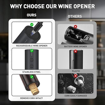 Secura Stainless Steel Electric Wine Opener, Rechargeable Automatic Home Wine Bottle Opener with Foil Cutter & Charging Cable, Reusable Corkscrew Wine Opener Electric for Wine Lovers, Black