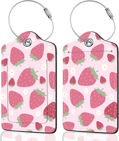 2Pack Luggage Tags for Suitcases, Cute Unique Pu Leather Cruise Luggage Tag with Privacy Cover ID Label Address Card and Metal Ring Suitable for Women Men Kids Travel Bag Pink Strawberry