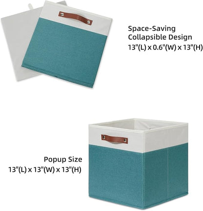 HNZIGE Fabric Storage Bins for Shelves 13x13 Storage Cubes Set Of 4 Foldable Storage Baskets with Handles for Organizing Cloth Closet Toy Nursery(Teal&White)