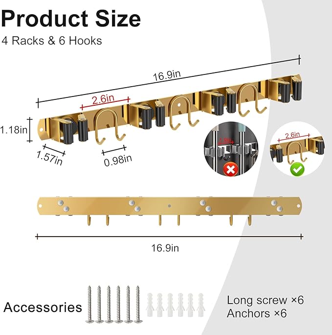Mop Broom Holder Wall Mount, 2 Packs Gold Stainless Steel Tool Storage Organizer for Kitchen Garden Garage Laundry Room Bathroom and RV with 4 Slots 6 Hooks