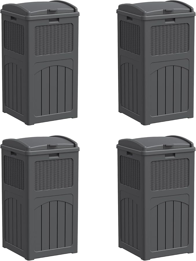 Greesum 33 Gallon Outdoor Trash Can with Lid, Waterproof Resin Garbage Bin for Hideaway, Deck, Patio, 4 Pack, Gray