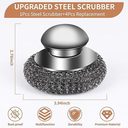 5Pcs Steel Wool Scrubber with Replacement Wire Sponge Pads Set, Stainless Steel Scrubber with Handle for Scouring Stubborn Messes from Cast Iron, Pots, Pans, Grill, Stoves, Sink(1 Scrubber+4 Pads)