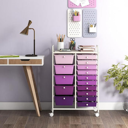 GOFLAME 15-Drawer Rolling Storage Cart, Multipurpose Movable Organizer Cart, Utility Cart for Home, Office, School, Purple Gradient