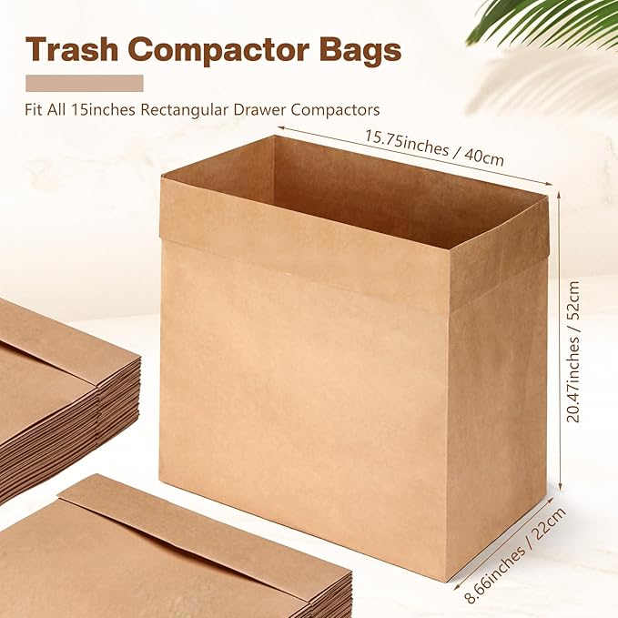 60 Pcs Trash Compactor Bags for Kitchen Pre-Cuffed Heavy Duty Kraft Paper Compactor Bags with Waterproof Liner Reinforced Bottom for Kitchen Use, 20.47 x 15.75 x 8.66"