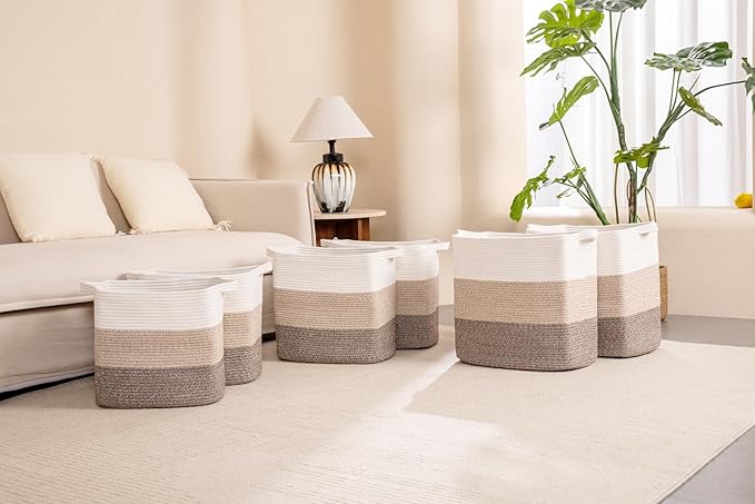 Storage Baskets for Clothes Fabric Cotton Rope Storage Basket with Handles, Decorative Woven Basket for Living Room,Closet Organizer Blankets, and 2bags (Gradient Brown, L14×W11×H14)