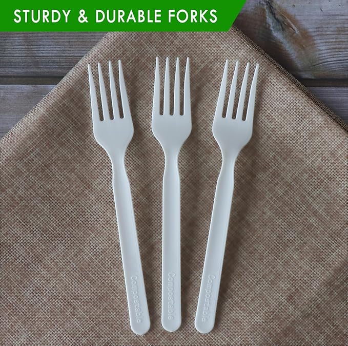 GreenWorks 200 Count Heavy-duty Compostable Forks, BPI Certified Large Disposable Cutlery Flatware Utensils Fork