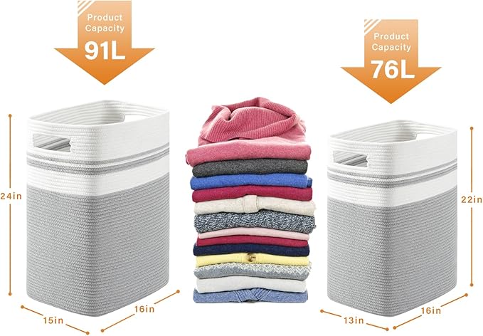 OIAHOMY 91L Laundry Hamper, XXXLarge Laundry Basket, Collapsible Cotton Rope Basket,Woven Storage Basket for Blankets,Clothes,Pillows-16x15x24-Grey