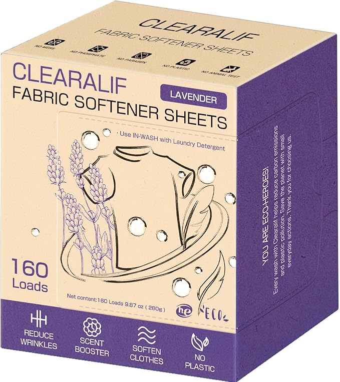 CLEARALIF laundry Fabric Softener Sheets, Lavender Scent, 160 Loads, Eco Friendly, Great For Travel, Apartments, Dorms.
