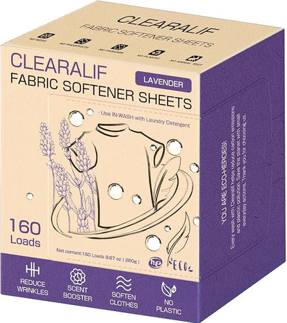 CLEARALIF laundry Fabric Softener Sheets, Lavender Scent, 160 Loads, Eco Friendly, Great For Travel, Apartments, Dorms.