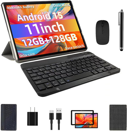 Android 15 Tablet, 12GB+128GB +1TB Expand, Face Unlock, 8000mAh Big Battery+18W Fast Charging, Dual Stereo Speakers, Octa-core CPU, WiFi6, BT5.0,Touchscreen Display, 11inch 2in1 Tablet PC Tableta