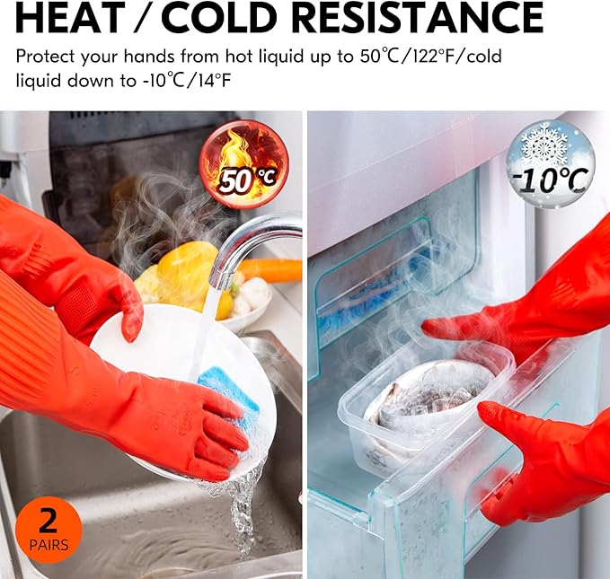 Vgo 2-Pairs Dishwashing Gloves, Reusable Household Gloves, Long Sleeve, Thick Latex, Cleaning, Washing, Working, Painting, Gardening, Pet Care (Size S, Red, RB2143)