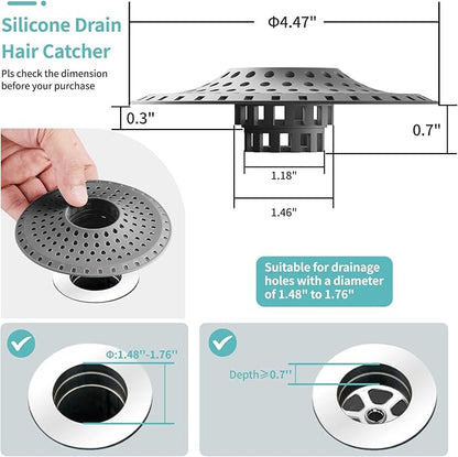 Bathtub Drain Hair Catcher,Silicone Tub Hair Catcher Drain Protector,All-in-one Shower Hair Drain Catcher Strainer for 1.48'' to 1.76'' Regular Drains, 3PCS