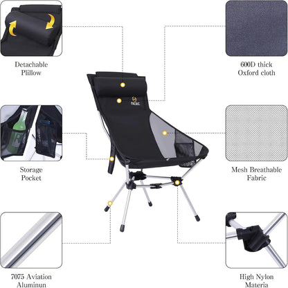 Nice C Ultralight High Back Folding Camping Chair, Backpacking Chair, Compact & Heavy Duty Outdoor, Travel, Picnic, Festival with 2 Side Pockets, Pillow &Carry Bag (Set of 2 Black)