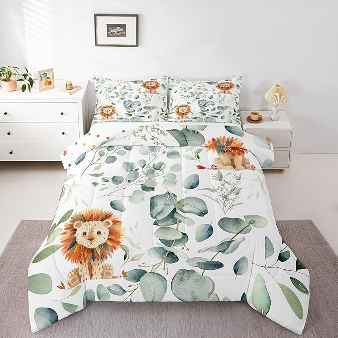 Erosebridal Cute Lion King Size Comforter Set for Kids Child Green Eucalyptus Bedding Set, Woodland Animal Down Comforter Botanical Plant Leaves Bed Set, Cartoon Wildlife Quilted Duvet