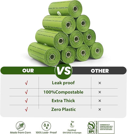 Certified Compostable Dog Poop Bags-270Bags 18Rolls, Poop Bags for Dogs Made of Cornstarch - ASTM D6400 By USA, Leakproof Easy Open, Unscented Dog Waste Bags (Green)