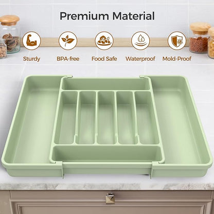 Extra Large Expandable Silverware Organizer, BPA-Free Food-Safe Cutlery Flatware Organizer, Kitchen Utensil Drawer Organizer, Adjustable Silverware Holder for Spoons Forks Knives, Green