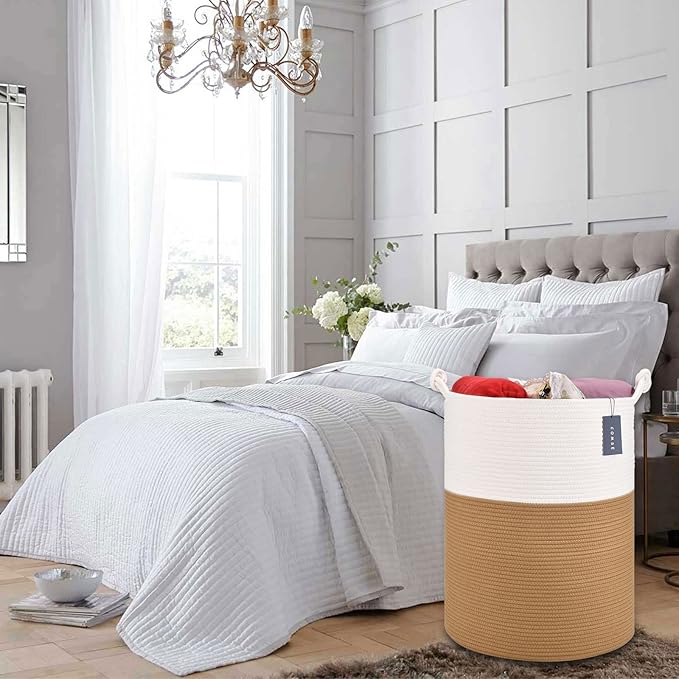 COMSE Extra Large Blanket Basket, Tall Woven Storage Basket, Nursery Hamper, 15.7”x 21.7”, Cotton Rope Laundry Hamper for Toys Clothes Towels, White/Camel
