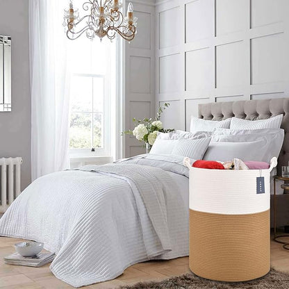 COMSE Extra Large Blanket Basket, Tall Woven Storage Basket, Nursery Hamper, 15.7”x 21.7”, Cotton Rope Laundry Hamper for Toys Clothes Towels, White/Camel