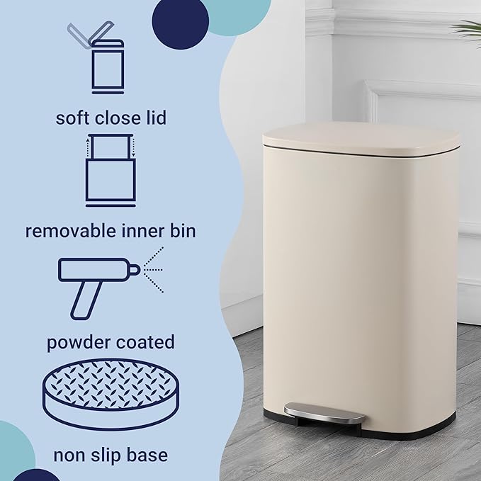 happimess HPM1006F Connor Rectangular 13-Gallon Trash Can with Soft-Close Lid and Free Mini Trash Can, Fingerprint Resistant, Modern, Minimalistic for Home, Kitchen, Office, Bathroom, Limestone Beige