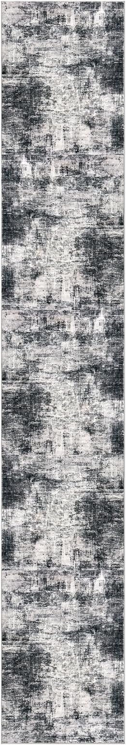 IOHOUZE Abstract Runner Rug 2x12 Ft Washable Runners for Hallways, Non Slip Kitchen Runner Printed Faux Wool Entryway Runner Indoor, Modern Abstract Floor Carpet for Hall Kitchen, Black Gey