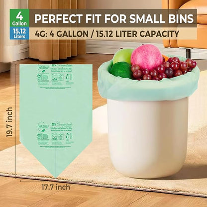 Compostable Trash Bags, 3-4 Gallon, 15 L, Extra Thick 0.8 Mil, Small Kitchen Food Scrap Waste Bags, ASTM D6400, US BPI, 80 Count