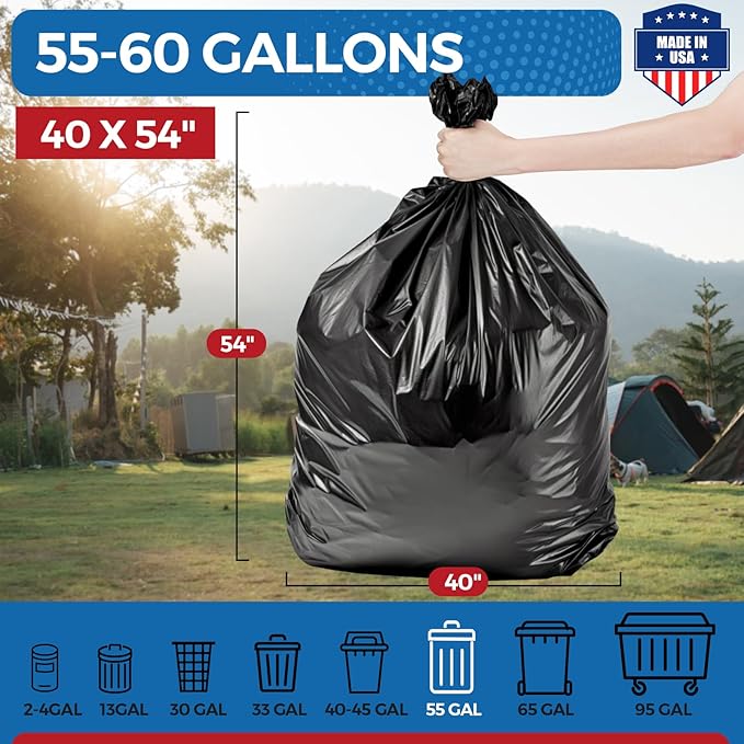 Fuxury 55-60 Gallon Trash Bags Heavy Duty, 150 Count Garbage Bags, 38 x 58" Extra Large Black Trash Bags, 0.7 Mil Plastic Bags for Serious Garbage Cleanup, Made in USA