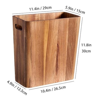 3 Gallons Wooden Wastebaskets, Solid Acacia Wood Waste Basket with Handles, Rectangular Trash Can, Garbage Bin for Bedroom, Bathroom, Kitchen, Living Room, Office Decorative
