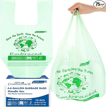 4-6 Gallon Compostable Trash Bags, 75 Count, Kitchen Compost Bags With Handle, Sturdy Biodegradable Garbage for Food Scrap Waste, ASTM D6400, US BPI Certified